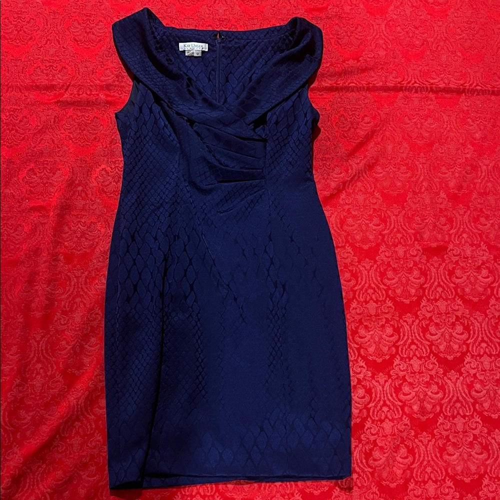 Kay Unger Navy Textured Sheath Dress Women's Size 12 Cocktail Wedding Guest